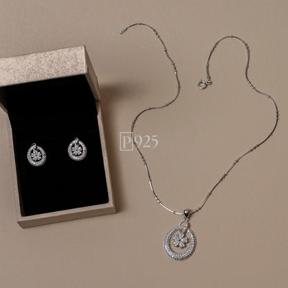 P925 Silver diamond flower pendant set