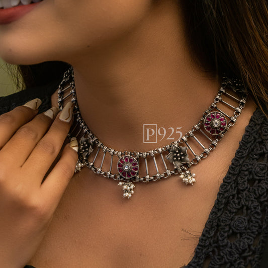 P925 Precious Motif Adorned With Ruby Stones Flower Antique Neck Piece