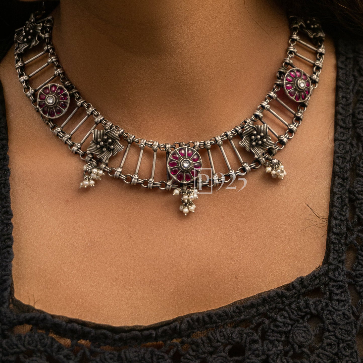 P925 Precious Motif Adorned With Ruby Stones Flower Antique Neck Piece