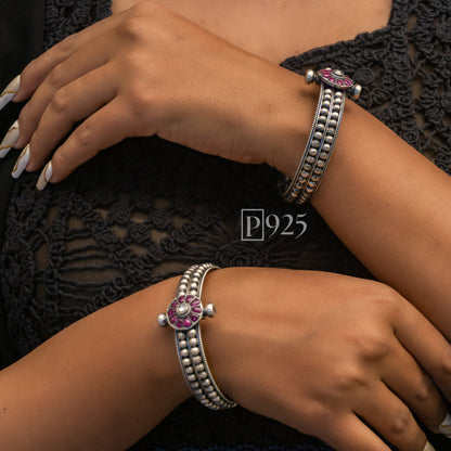 P925 Silver Ball Sequence Semi Precious Ruby Stone Bangles