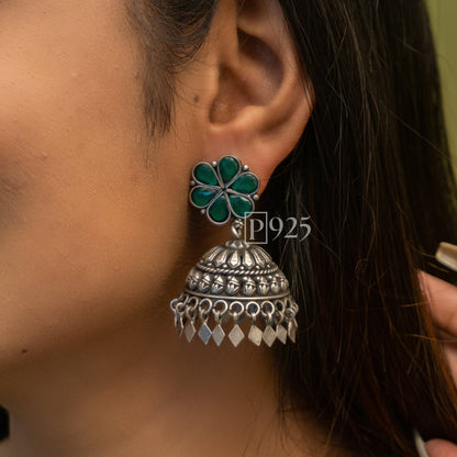 P925 Light Weight Temple Silver Jhumkas With Ruby Studs.