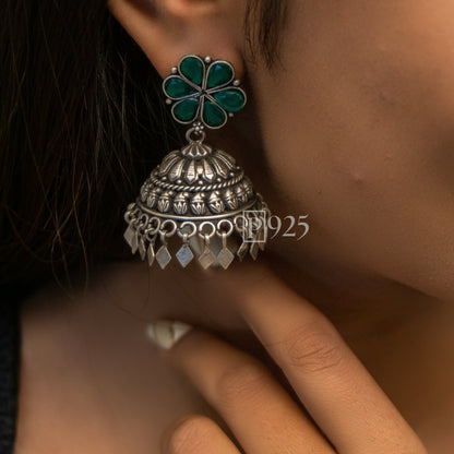 P925 Light Weight Temple Silver Jhumkas With Ruby Studs.