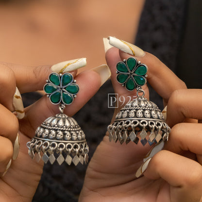 P925 Light Weight Temple Silver Jhumkas With Ruby Studs.