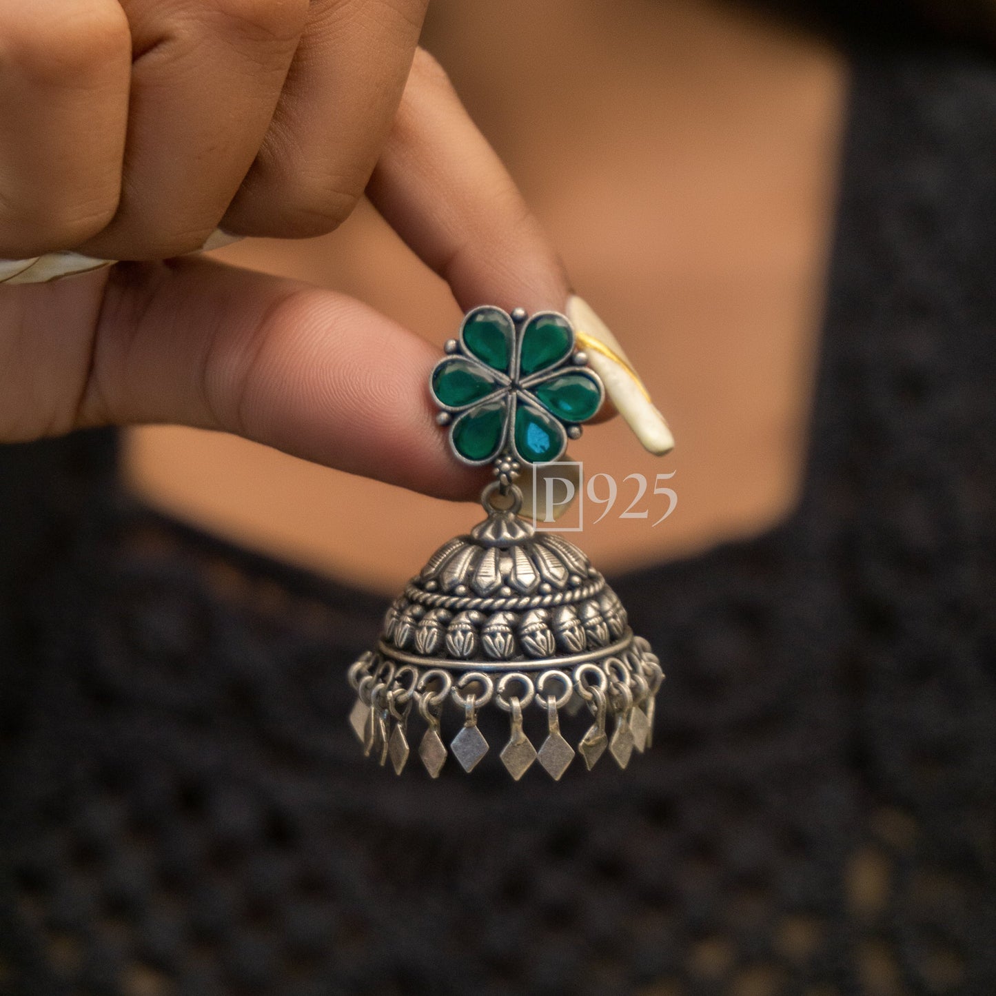 P925 Light Weight Temple Silver Jhumkas With Ruby Studs.