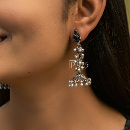 P925 Silver Ghungroo Jhumkas With Drop Shape Stud.