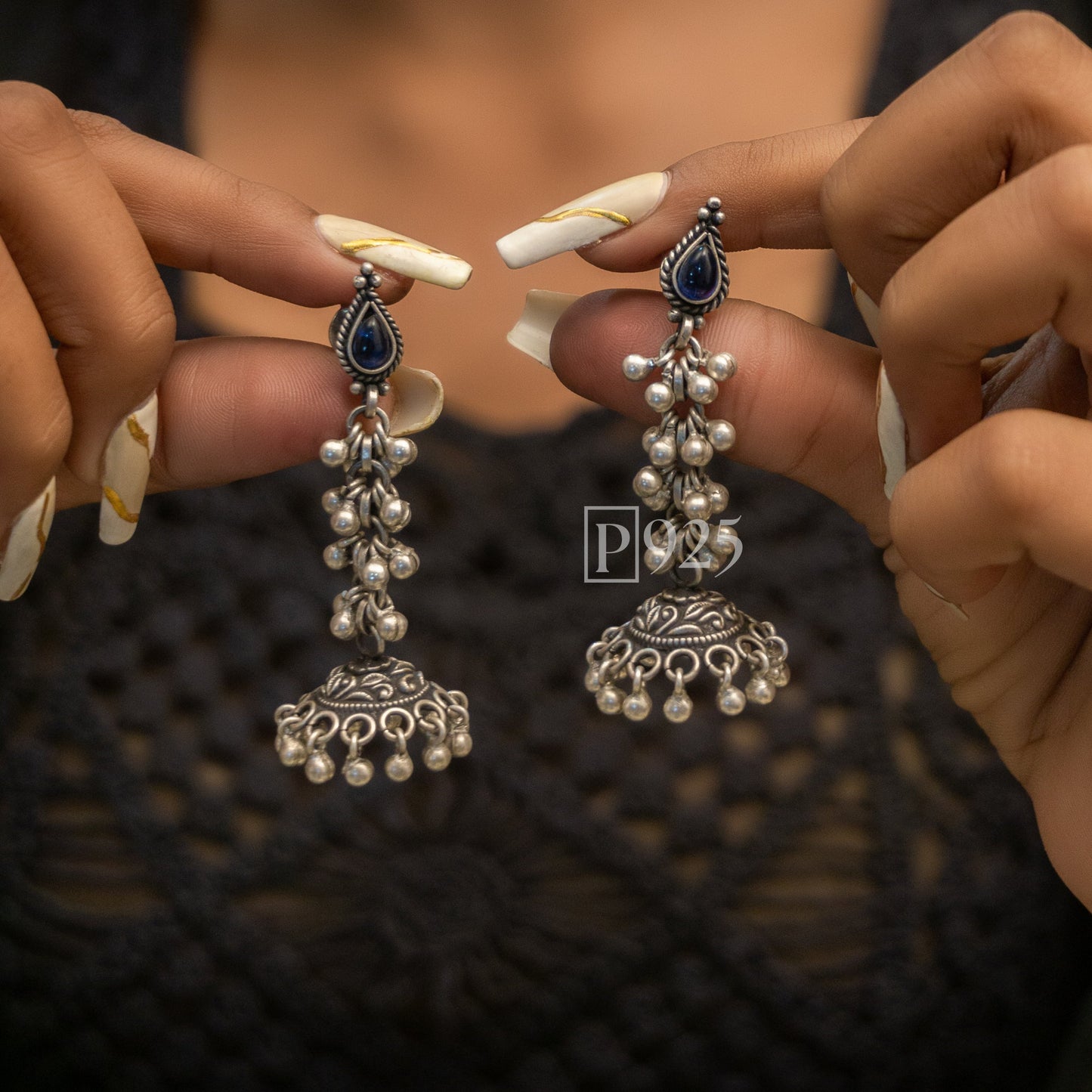 P925 Silver Ghungroo Jhumkas With Drop Shape Stud.