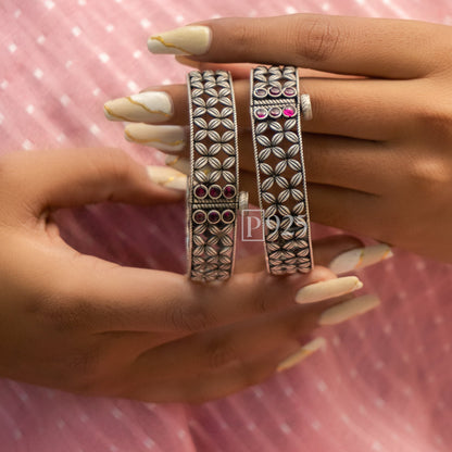 P925 Light Weight Silver Flower Bangles Studded With Stones