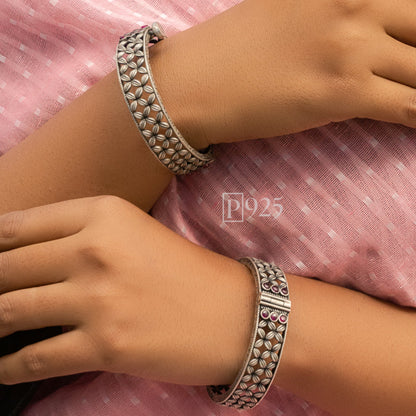 P925 Light Weight Silver Flower Bangles Studded With Stones