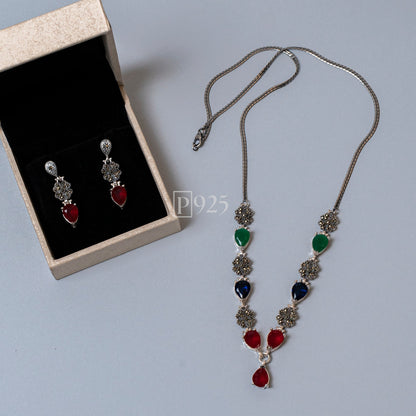 P925 Silver marcasite multi stone necklace set