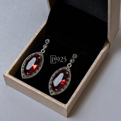 P925 Silver marcasite red garnet stone necklace set